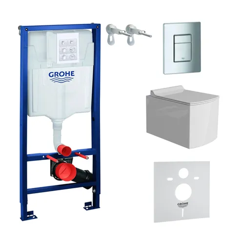 GROHE Vorwandelement Solido + Wand Hänge WC Fago Weiß Spülrandlos + WC-Sitz SoftClose | Verchromter Knopf | Komplettset | Unterputz Spülkasten |  Toilette Komplett Sett