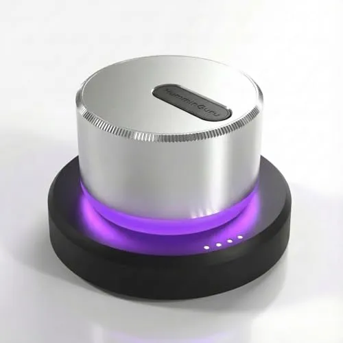 HumminGuru LUMI Plattengewicht Stabilisator und Plattenspieler Geschwindigkeitstester | 33/45/78 RPM Stroboskopscheibe und Licht | 300g Aluminium Gewichtsklammer | 9 LED Farbambienteleuchte Auto-Aus