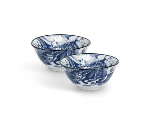 Japan-Bowls ASIATICA | Ramen Bowl Porzellan-Schalen 15 cm | Hochwertige asiatische Schüssel für Reis, Nudeln, Tapas, Udon, Müsli - Suppen-Schale mit japanischen Designs (2er Set Drachengott, blau)
