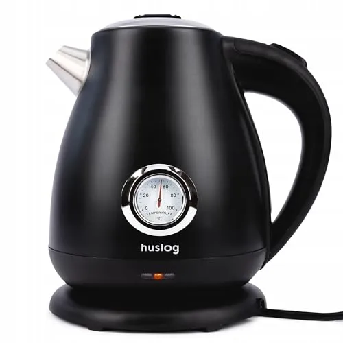 Huslog Elektrischer Wasserkocher mit Temperaturanzeige 1,7L 2200W klassisch Abschaltung Edelstahl stilvoll Thermometer Retro design schnelles Kochen Schwarz