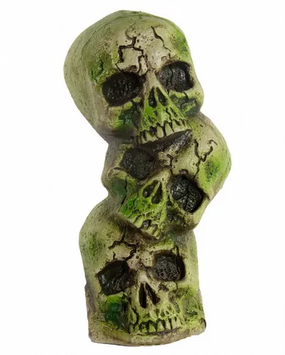 Horror-Shop Dekoobjekt Vermooster Totenkopf Berg mit 3 Schädeln 34 cm - Drei aufeinandergestapelte Totenköpfe als eindrucksvolle Halloween Deko. Der Totenkopf-Berg mit Moos schafft eine düstere Atmosphäre und ist ideal für kreative Dekorationen im Innen- und überdachten Außenbereich.