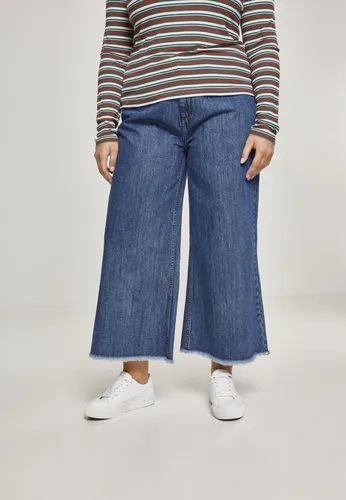 Urban Classics Damen Denim Culotte Ocean Blue-M - Trendige High-Waist Culotte aus 100% Baumwolle mit offenem Fußsaum und Fransen. Praktisch mit zwei Eingriffstaschen und Gürtelschlaufen, ideal für einen urbanen Look.