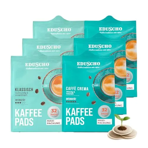 Eduscho Kaffeepads Maxi Packung, Klassisch & Caffè Crema - Kaffeepads für Cafissimo, 192 Pads in 6 x 32er Packung, für aromatischen Genuss und einfache Zubereitung.