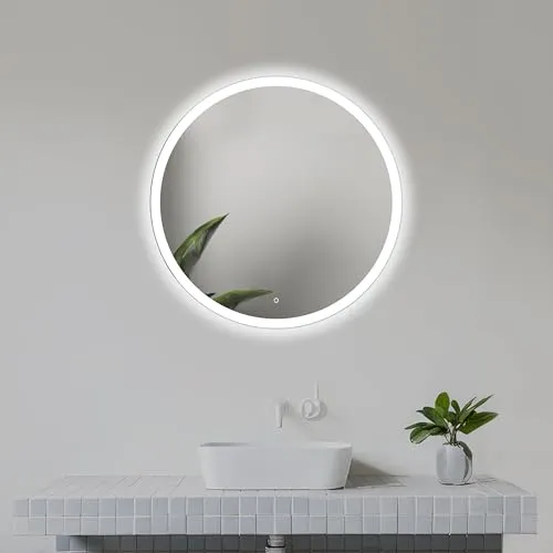 Home Glow 50cm Runder Badezimmerspiegel mit LED Beleuchtung, Runder LED Badspiegel mit Touch Schalter, Spiegel mit naturweißer LED Frontleuchte.