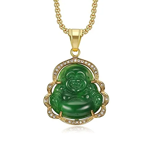 HMOOY Glückliche lachende Buddha Halskette, Grüne Jade Buddha Zirkonia Anhänger Halskette mit 18 Karat vergoldeter Kette Feng Shui Schmuck für Damen Herren (Grün)