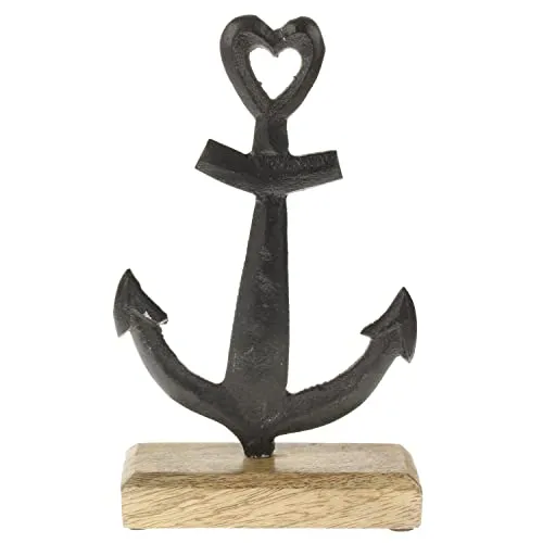 MACOSA CP65846 Deko-Anker Metall 22 cm auf Holz-Sockel Rostfarben Mangoholz Alu Maritim Badezimmer Dekoration Bad-Accessoires Metallanker Skulptur Baddeko
