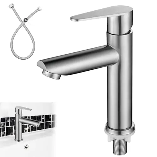 REFORUNG Wasserhahn für Waschbecken, Einhebelmischer, Waschbecken, Edelstahl, nur Kaltwasser, Mischbatterie mit Anschlussschlauch für Waschbecken im Badezimmer
