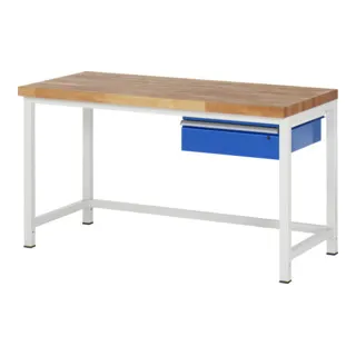 Rau Werkbank höhenverstellbar 8001A1 - Standardwerkbank mit Buche-Massiv-Arbeitsplatte, höhenverstellbar von 840 bis 1040 mm, ideal für individuelle Arbeitsbedürfnisse und maximalen Komfort.