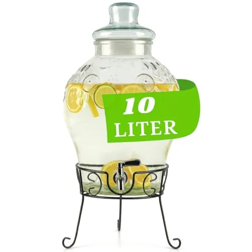 Monster24 Getränkespender 10 Liter - Getränkespender für Bowle und Schorle, mit Edelstahl-Zapfhahn und leicht zu reinigendem Glasbehälter, ideal für Veranstaltungen und Gastronomie.