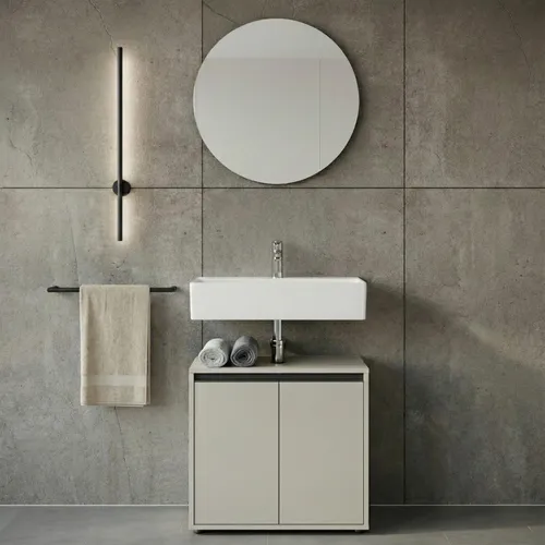 Badmöbel Set 2-tlg Soft-Close | Waschbeckenschrank & Runder Spiegel | Steingrau matt - Stilvolles 2-teiliges Badezimmer-Set in Steingrau für kompakte Bäder. Der runde Spiegel und der Waschbeckenschrank mit Soft-Close-Technik bieten Funktionalität und modernes Design auf minimalem Raum.