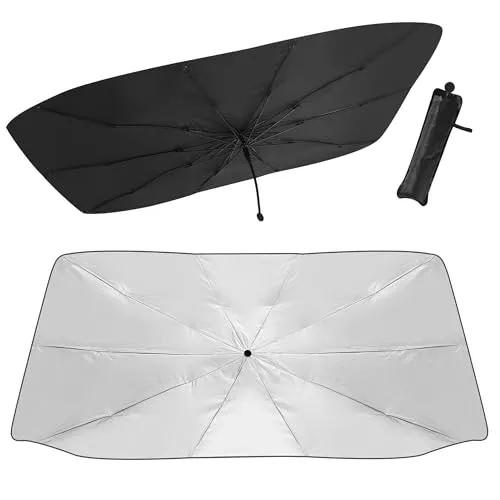 Sonnenschirm Auto，Sonnenschutz Auto Frontscheibe Innen 140 x 79 cm，mit Ledertaschen，Faltbar，360°Drehbar，UV-Schutz und Wärmeschutz，Für die meisten Autos, SUV， Lastwagen