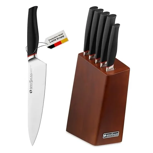 GROSSMAN Bryant Messerblock 5-teilig – Küchenmesser Set mit schwarzen Griffen – deutsche Edelstahlklingen – Messerhalter aus Gummibaumholz in Kupferbraun – rutschfest & robust