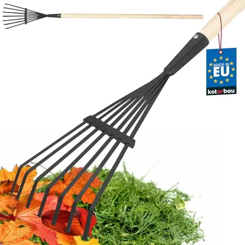 KOTARBAU® Laubbesen aus Stahlband Fächerbesen mit 7 Zinken Laubrechen mit Holzstiel 110 cm Gartenrechen Drahtbesen Gartenharke Gartenwerkzeug Perfekt zum Aufräumen des heimischen Gartens