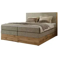 MKS MEBLE Boxspringbett WOOD CLASSIC KING 200x200 cm - Beige Doppelbett mit zwei hochwertigen Multipocket-Matratzen und Topper, bietet praktischen Stauraum und hohen Schlafkomfort dank 7-Zonen Taschenfederkern.