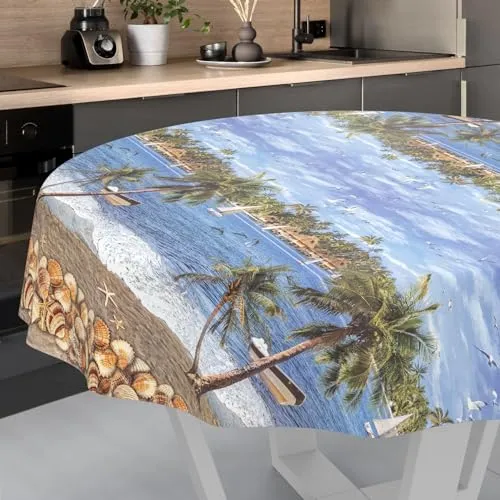 Wachstuch-Tischdecke Tischdecke abwaschbar Wachstuch Garten-Tischdecke Outdoor Indoor Rund 120cm Schnittkante Urlaub