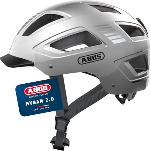 ABUS HYBAN 2.0 Fahrradhelm - Silber (Signal Silver), XL (58-63 cm) - Fahrradhelm mit ABS-Hartschale und Fliegennetz, individuell anpassbar. Hohe Sichtbarkeit durch LED-Rücklicht und Reflektoren, ideal für sicheres Fahren in der Stadt.