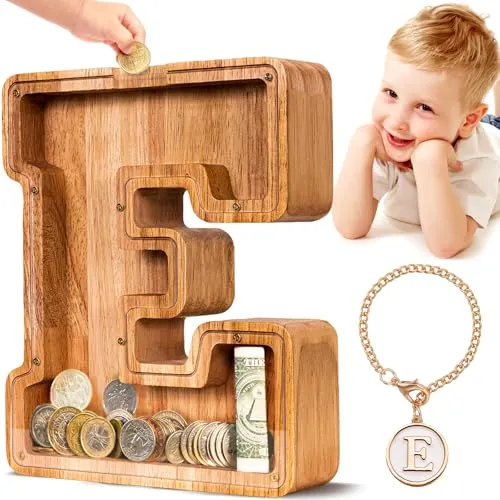 Summidate Spardose für Kinder Junge, Personalisiert Holz Großes Sparschwein, Unzerbrechliches Buchstabe A-Z Sparbüchse für Kinder Mädchen, Erwachsene, Geschenk&Dekoration