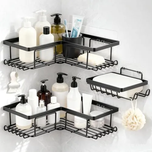 Jeffbaubl 2 Stück Duschablage Ohne Bohren, Selbstklebend Eckregal Set mit Haken, Badezimmer Organizer, Duschregal für Dusche und Küche(Schwarz, Mit 1 Seifenhalter, 5 Klebefolien)