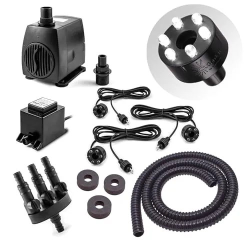CLGarden Springbrunnen Pumpe Set SP3-S - Brunnenzubehör mit 3 Wasserausläufen und LED-Beleuchtung. Sicher und effizient mit 1300 L/H Fördermenge, ideal für kreative Wasserspiele.