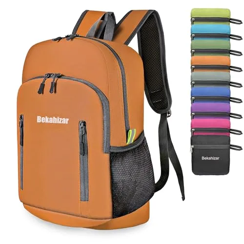 Bekahizar Faltbarer Rucksack Leicht Klein Wanderrucksack 20L Reiserucksack Tagesrucksack Tasche für Männer Frauen Jugendliche Outdoor Wandern Reisen (orange)