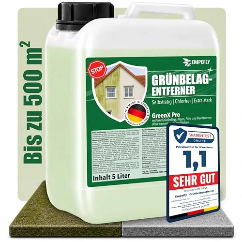 GreenX Pro Grünbelagentferner - 5 Liter - Effektiver Grünbelagentferner für Stein und Holz. Konzentrat für den Außenbereich, ideal zur Pflege von Terrassen und Wegen. Transparentes, geruchfreies Produkt mit geprüfter Qualität.