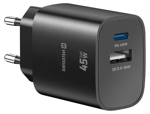 Swissten, USB-C Ladegerät 45W Power Delivery und USB-A Quick Charge 3.0 18W, Schwarz
