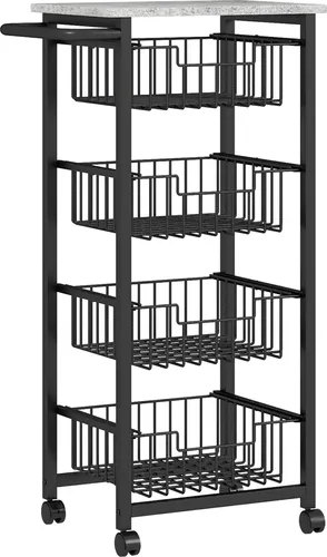 4-stufige Küchenwagen auf Rädern, Rollbarer Servierwagen, Küchen-Trolley mit 4 Stahlkörben, Servierwagen