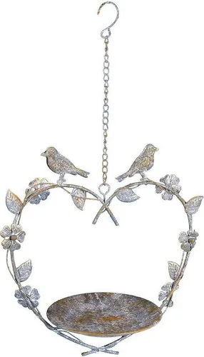 Vogelbad Futterstelle Herz - Metall Wasserschale Ø 16 cm - Vogeltränken mit antikgrauer Metalloberfläche, ideal für Vogelliebhaber, die ihren Garten verschönern und gleichzeitig Vögel anlocken möchten.