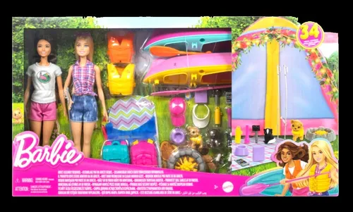 Barbie Outdoor Camping Spielset mit 2 Puppen + Zelt+ 2 Kajaks, 34 Teile NEU/OVP