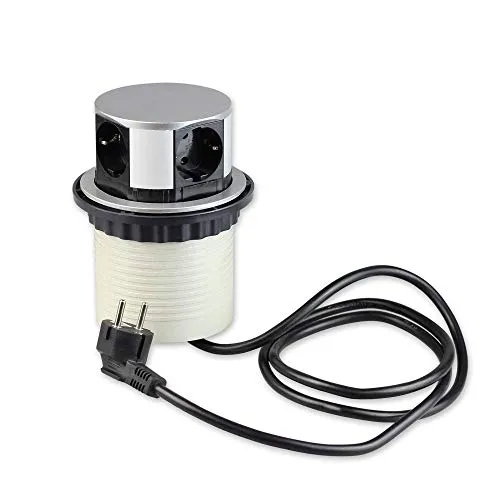 Versenkbare Steckdose für Küche und Büro - runde Einbausteckdose, als Tischsteckdose oder Unterbausteckdose mit 4-fach Steckdosenelement und 1,8m Kabel Küchensteckdose Popup