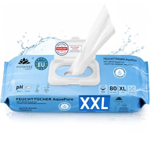 Harmony Care® 80x parfümfreie Feuchttücher für Erwachsene, XL Water Wipes | Wasserbasierte Feuchtpflegetücher für die alltägliche Pflege Intimpflegetücher, 23x26cm