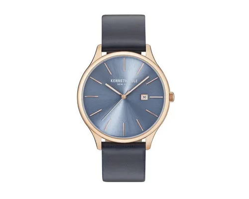 Kenneth Cole Quarzuhr KC15096002 - Elegante Armbanduhr mit analogem Zifferblatt in Blau und roségoldfarbenem Edelstahlgehäuse. Wasserdicht bis 30 m, ideal für stilbewusste Träger.