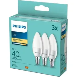 Philips 40W B35 E14 LED-Lampe, 3er Pack - Energiesparlampen: 3er Pack LED-Kerzenlampe E14, 4,9 W (entspricht 40 W), warmweiß 2700K mit 470 Lumen, bietet sofortige Energieeinsparungen und eine Lebensdauer von 15.000 Stunden.