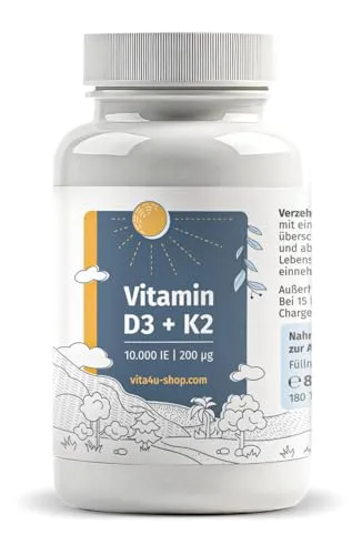 Vitamin D3 10000 I.E. mit 200μg Vitamin K2 All-Trans-MK7-180 vegetarische Tabletten