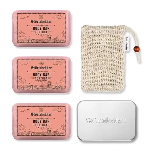 Störtebekker® Premium Duschset Body – 3x Festes Duschgel (Tortuga) mit Sisal Soap Bag & Soap Box XL
