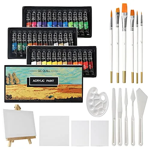 GC QUILL 36 Farben Acrylfarben Set 12 ml x 36 Tuben mit Pinseln, Palettenmessern, Leinwand, Staffelei, für Künstlermalerei auf Holz, Keramik, Stoff, Basteln GC-APK36