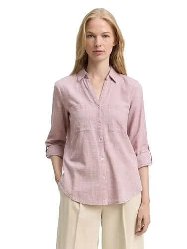 TOM TAILOR Damen Bluse 1042334 in Wineberry Rose, Größe 48 - Klassische Bluse mit Brusttaschen und verstellbaren Ärmeln aus pflegeleichtem Baumwoll-Stoff. Perfekt für Freizeit, Business oder besondere Anlässe.