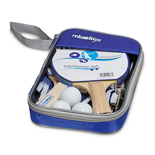 Relaxdays Tischtennis-Set Tasche, 2 Holzkellen, 3 Tischtennisbälle, Ping Pong Netz HxBxT: ca. 14 x 150 x 1,7 cm, blau