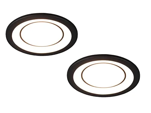2er Set Deckeneinbaustrahler rund in Schwarz matt - Deckenspots mit fest verbauten LEDs, 1040 Lumen und warmweißem Licht. Ideal für stimmungsvolle Beleuchtung, mit separater Steuerung für Hauptbeleuchtung und äußeren Ring.