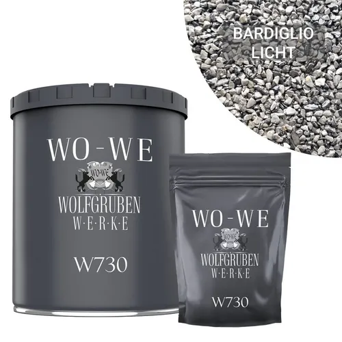 WO-WE Bodenfliese Steinteppich Set Marmorkies Bodenbeschichtung W730 2qm, Korngröße 1-4mm, Lichtgrau - Bardiglio Licht, Set, 25KG Marmorkies + 1,5KG 2k Bindemittel