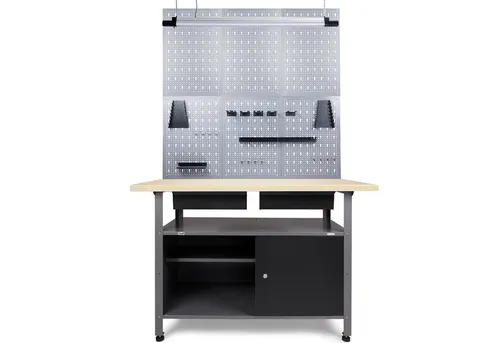 ONDIS24 Werkstatt-Set Werkbank Fritz mit Hängeschrank - Vielseitige Werkbank mit abschließbaren Türen und höhenverstellbaren Füßen, ideal für Hobbywerkstätten. Inkl. LED Bluetoothlautsprecher und Lochwand für optimale Organisation.