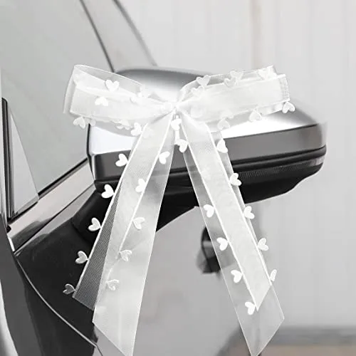 Fesaizwi 50 StüCk Autoschleifen Hochzeit - Weiß Mit Herzen Schleifen Auto - Hochzeit Weihnachtsschleifen Hochzeitsdeko - Handgemacht Satinband FüR Hochzeits (25 * 15cm)