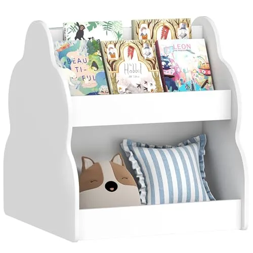 AIYAPLAY Kinderregal, Kinder-Bücherregal mit Rädern, 4 Regalen, 2-stöckiges Spielzeugregal für Kinderzimmer, Spielzimmer, Wohnzimmer, 54 x 50 x 56 cm, Weiß