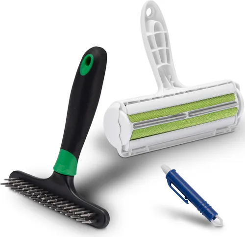 FinoPet 3er Entfilzungs-Set Entfilzungsstriegel als Hundebürste/Katzenbürste, XL Fusselrolle und Zeckenzange, Entfilzungshaken für alle Tiergrößen