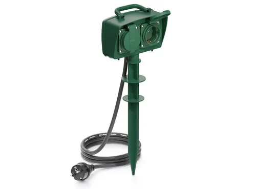 deleyCON 2 Fach Outdoor Steckdose mit Erdspieß - IP44 spritzwassergeschützt, ideal für Garten und Terrasse mit 5m Anschlusskabel und Kindersicherung