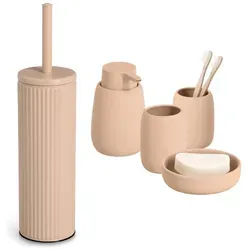 Zeller Present Badaccessoires Set, Keramik, Mandel, 5-teilig - Vielseitiges 5-teiliges Badaccessoires-Set aus Keramik in Mandel. Enthält Seifenspender, Zahnputzbecher, Seifenschale und WC-Bürste. Stilvolles Design und einfache Reinigung für Ihr Badezimmer.