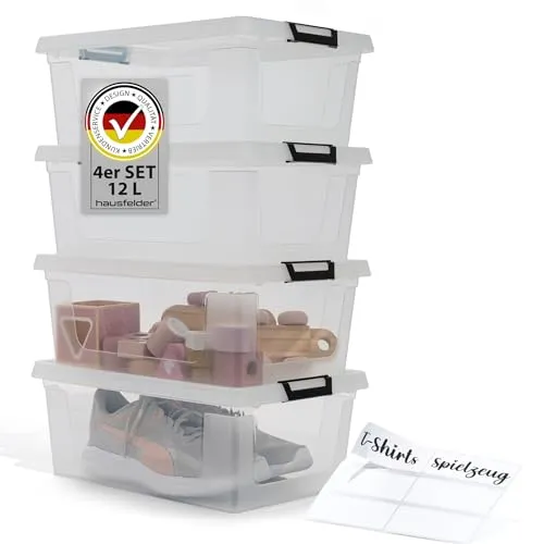 Hausfelder Aufbewahrungsbox 12 l – 4er Set mit Deckel und Klickverschluss - Praktische 12 l Aufbewahrungsboxen im 4er Set für platzsparende Ordnung. Stapelbar und transparent, ideal für Kleidung, Spielzeug oder Haushaltsutensilien. Der Deckel mit stabilen Clips schützt den Inhalt zuverlässig.