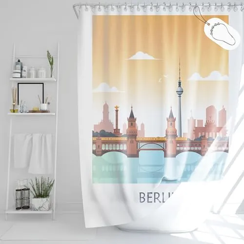 DROPHOP Berlin-City Skyline Motiv Duschvorhang B x H: 180 x 200 cm Gelb-Orange-Beige aus wasserdichtem Polyester Textil, waschbar, Anti-schimmel, gewichteter Saum, inkl. Edelstahl-Haken