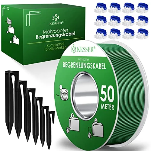 KESSER® Begrenzungskabel 50m Set für Mähroboter - Mähroboterzubehör mit 200 Erdspießen und 12 Kabelverbindern, ideal für eine einfache und stabile Installation in jedem Garten.