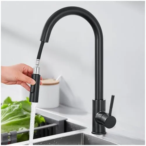 MIDINGCHAI Wasserhahn Küche Schwarz mit Brause Ausziehbar, Hochdruck küchenamatur mit Zwei Wasserstrahlarten, Spültischarmatur 360° Drehung, Armatur Küche aus Edelstahl, Mischbatterie Küche